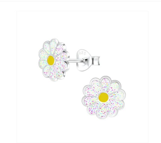 Children's Earrings:  Sterling Silver Glitter Enamel White Daisies with Yellow Centres, with Push Backs