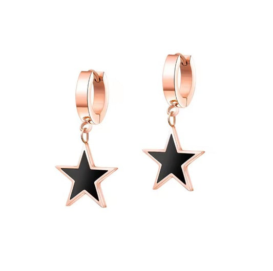 Teens' and Mothers' Earrings:  Steel with Rose Gold IP Huggie Hoops with Black Stars