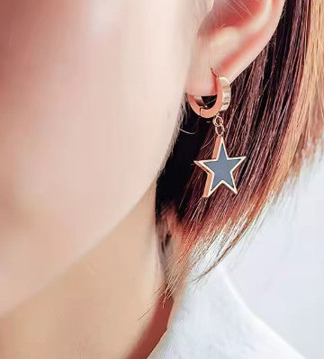 Teens' and Mothers' Earrings:  Steel with Rose Gold IP Huggie Hoops with Black Stars