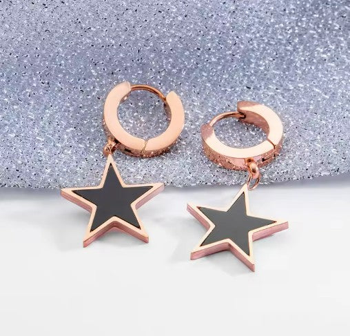 Teens' and Mothers' Earrings:  Steel with Rose Gold IP Huggie Hoops with Black Stars