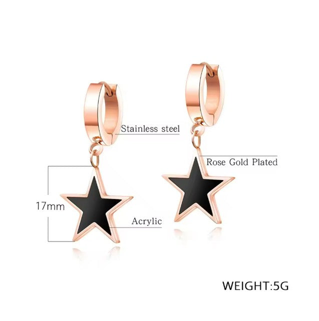 Teens' and Mothers' Earrings:  Steel with Rose Gold IP Huggie Hoops with Black Stars