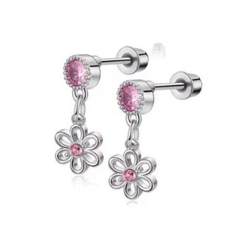 Children's Earrings:  Surgical Steel Pink CZ Flowers on Pink CZ Studs with Screw Backs