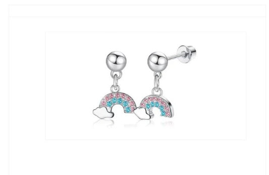 Children's, Teens' and Mothers' Earrings:  Hypoallergenic Surgical Steel Pink and Blue CZ Rainbow Dangles with Screw Backs