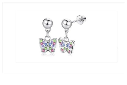 Children's, Teens' and Mothers' Earrings:  Hypoallergenic Surgical Steel Pink, Blue and Green CZ butterfly Dangles with Screw Backs