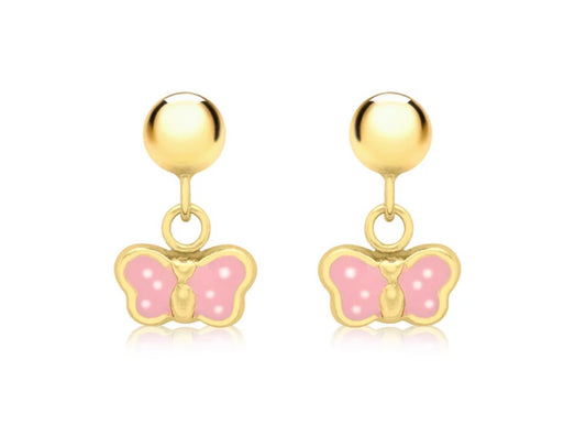 Children's earrings:  14k Gold over Sterling Silver 3mm Ball Stud with 5mm Pink Dotty Butterfly Dangle with Screw Backs