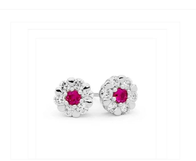 Baby and Children's Earrings:  Sterling Silver, Ruby Clustered Flowers with Screw Backs