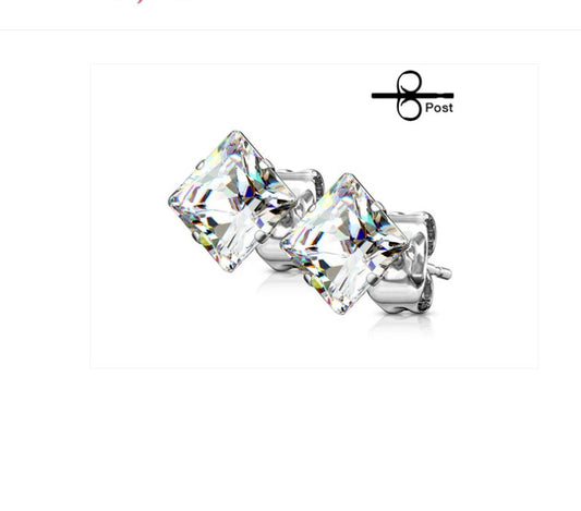 Children's Earrings:  Surgical Steel Princess Cut, AAA Clear CZ Studs 4mm