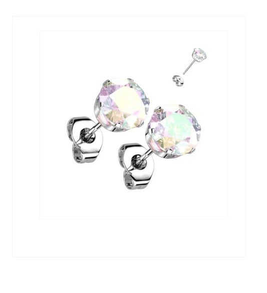 Baby and Children's Earrings:  Surgical Steel AAA Aurora Borealis CZ 6 Prong Studs 3mm