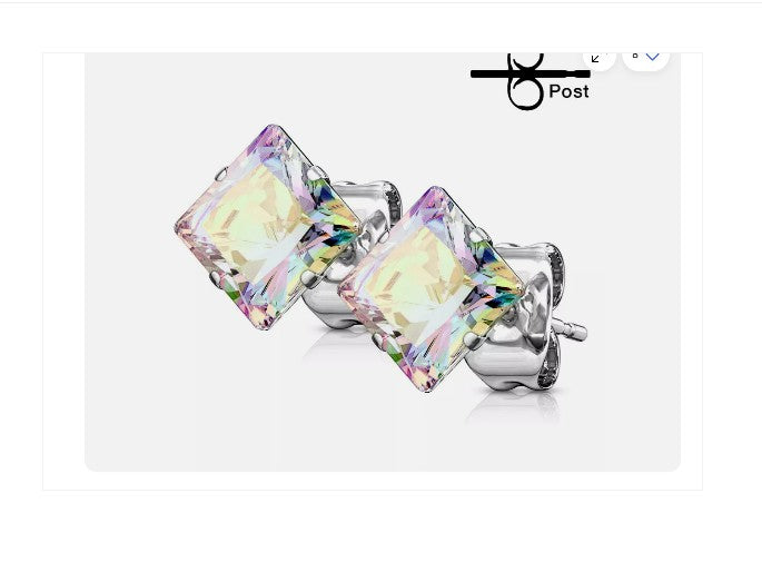 Children's Earrings:  Surgical Steel Square (Princess Cut) 4mm Aurora Borealis Studs