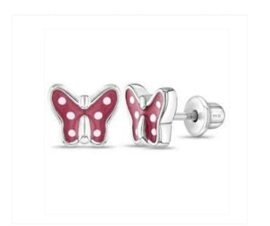 Baby and Children's Earrings:  Sterling Silver Dark Pink Butterflies with White Spots, and Screw Backs