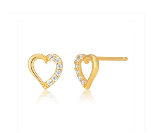 Children's Earrings:  14k Gold Over Sterling Silver Open Hearts with AAA CZ with Gift Box