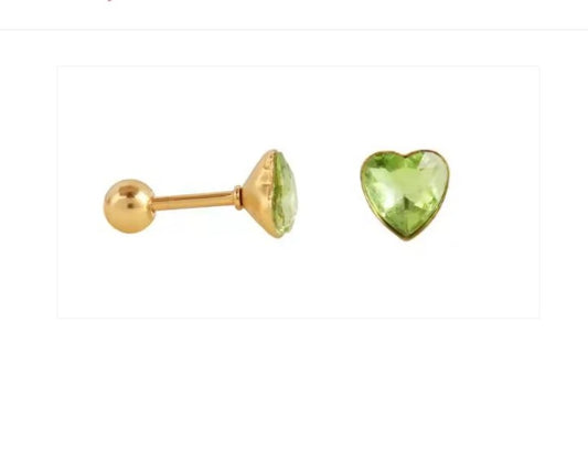 Children's and Teens' Earrings:  Surgical Steel with Gold IP, 7mm Heart Screw Back Earrings in Glorious Green.