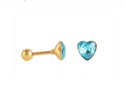 Children's and Teens' Earrings:  Surgical Steel with Gold IP, 7mm Heart Screw Back Earrings in Awesome Aqua