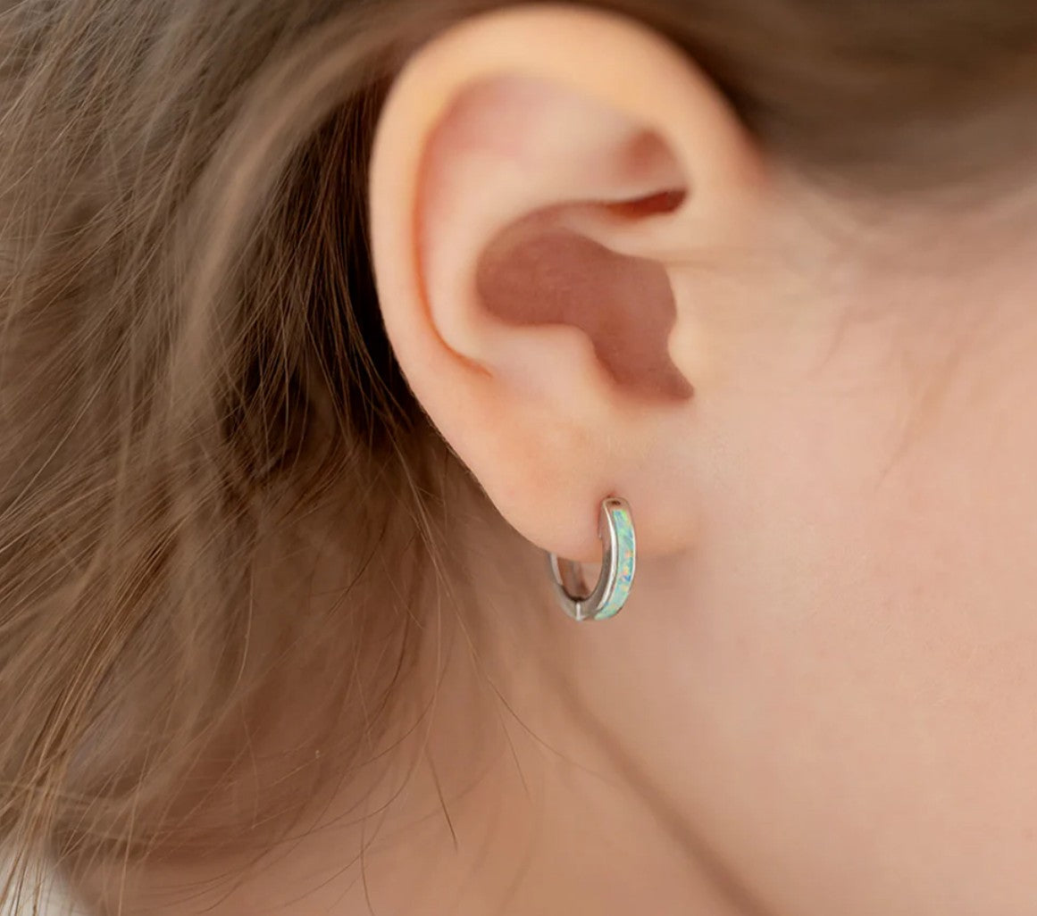 Children's Earrings: Sterling Silver, Opal Inlaid Huggies