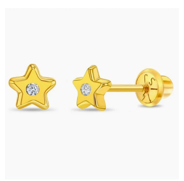 Baby and Chhildren's Earrings:  14k Gold Stars with Central Clear CZ and Screw Backs and Gift Box