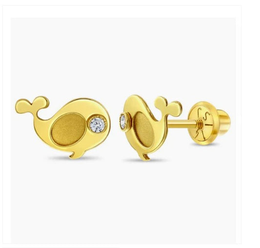 Children's Earrings:  14k Gold Whale Earrings with Screw Backs and Gift Box