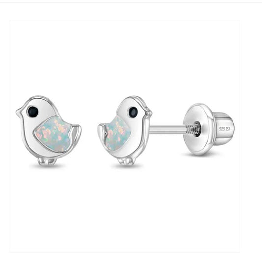 Children's Earrings:  Sterling Silver Opal Inlaid Chicks with Screw Backs and Gift Box