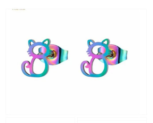 Children's and Teens' Earrings:  Surgical Steel, Hypoallergenic, Rainbow Cat Earrings Age 8 - Adult