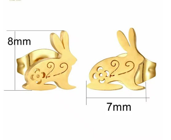 Children's Earrings:  Hypoallergenic Steel with Gold IP Rabbits with Push Backs