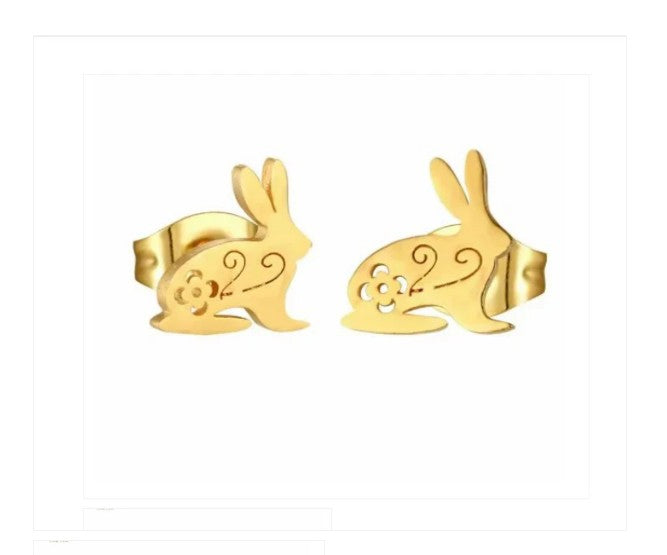 Children's Earrings:  Hypoallergenic Steel with Gold IP Rabbits with Push Backs