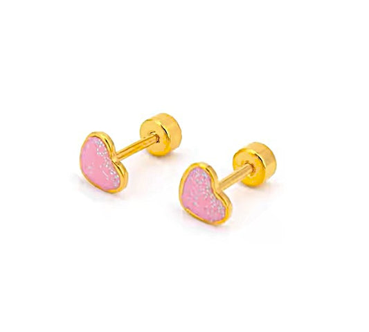 Baby and Children's Earrings:  Surgical Steel with Gold IP, Pink Glitter Enamel Hearts with Screw Backs