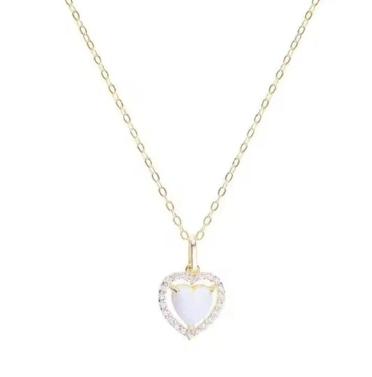 Children's, Teens' and Mothers'Necklaces:  14k Gold over Sterling Silver White Fire Opal Heart Halo Necklaces with Gift Box