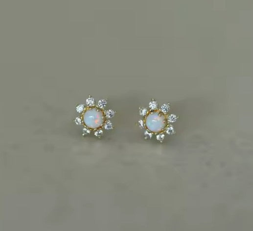 Children's, Teens' and Mothers' Earrings:  18k Gold over Sterling Silver White Fire Opals with Clear CZ Halo, with Push Backs and Gift Box