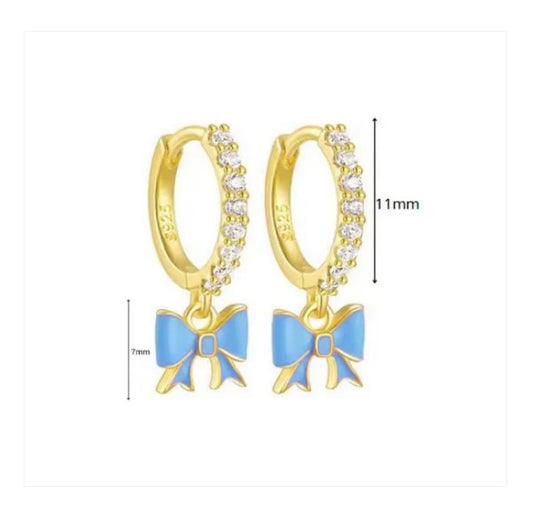 Children's and Teens Earrings:  14k Gold over Sterling Silver Huggies with Blue Bows and Gift Box