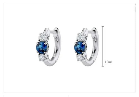 Children's Earrings: Sterling Silver Huggie Hoops with Blue/White CZ with Gift Box