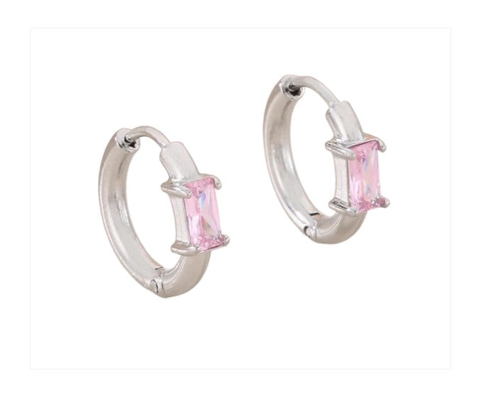 Children's, Teens' and Mothers' Earrings:   Surgical Steel Huggie Hoops with AAA Pink Emerald-Cut CZ