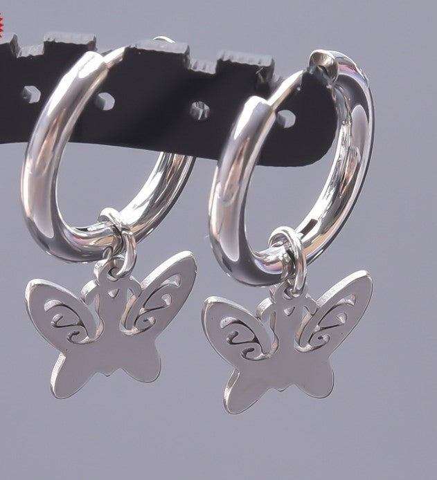 Children's, Teens' and Mothers' Earrings:  Hypoallergenic Steel Hoops with Butterfly Dangles and Gift Box