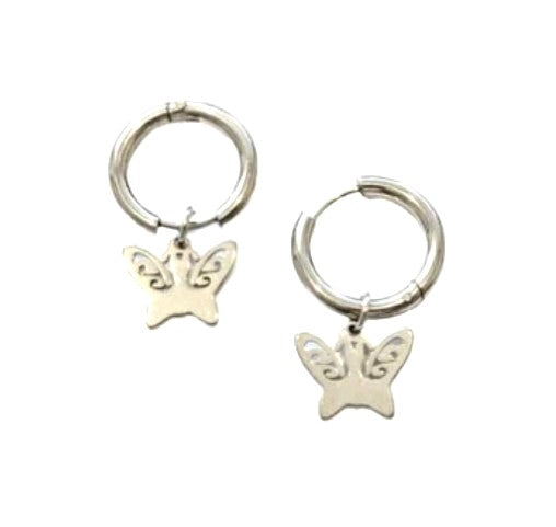 Children's, Teens' and Mothers' Earrings:  Hypoallergenic Steel Hoops with Butterfly Dangles and Gift Box