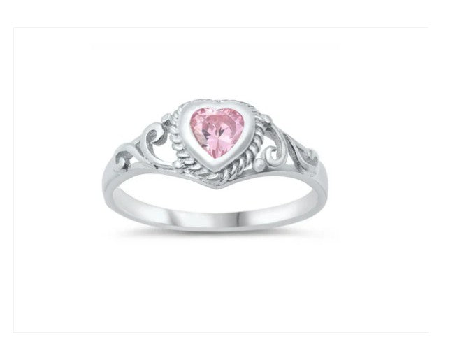 Children's Rings:  Sterling Silver Baby Pink CZ Heart Ring Size 2