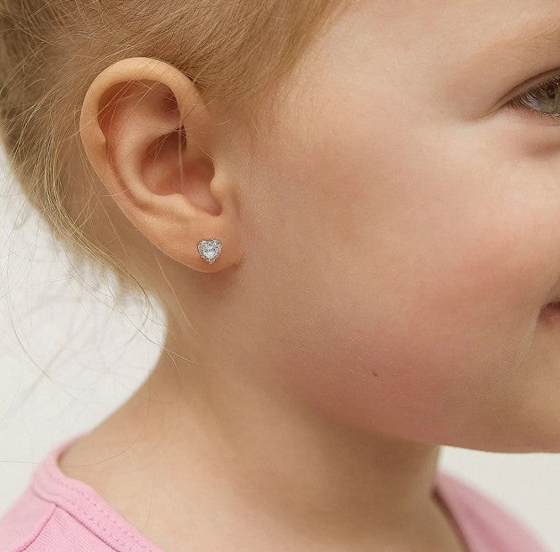 Baby and Children's Earrings:  Sterling Silver Clear CZ Hearts with Screw Backs