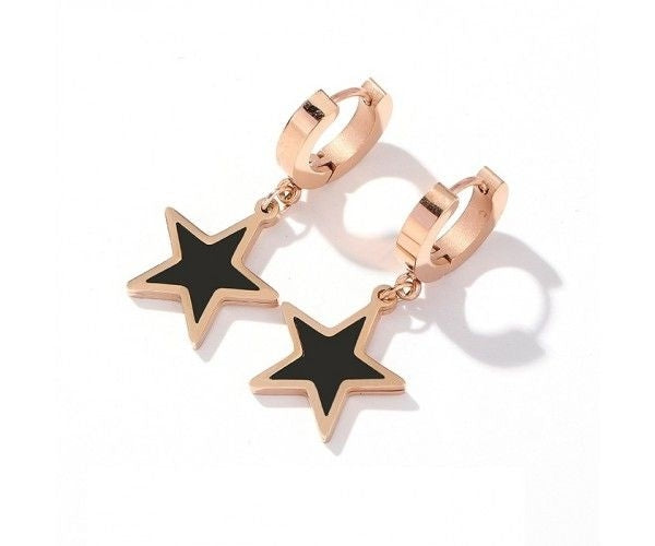 Teens' and Mothers' Earrings:  Steel with Rose Gold IP Huggie Hoops with Black Stars