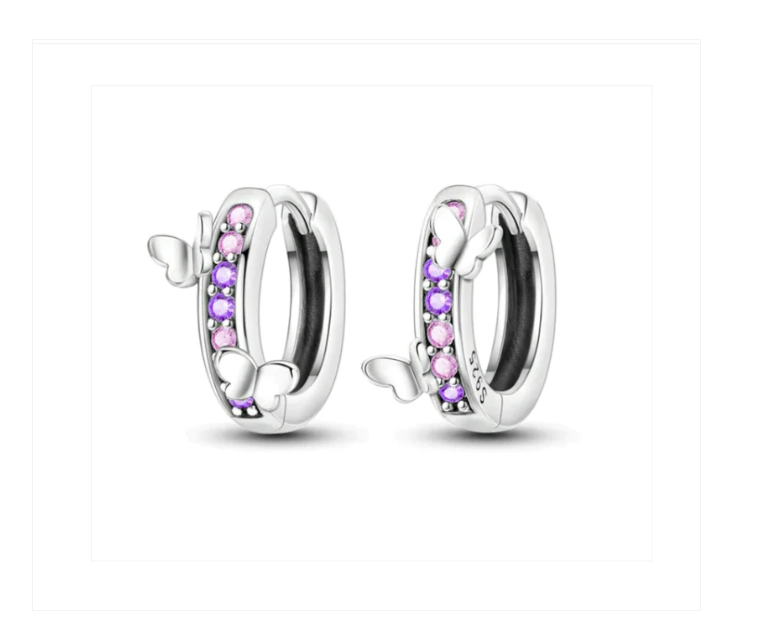 Children's Earrings:  Sterling Silver Pink/Purple CZ Huggies with Butterflies 6 - teens