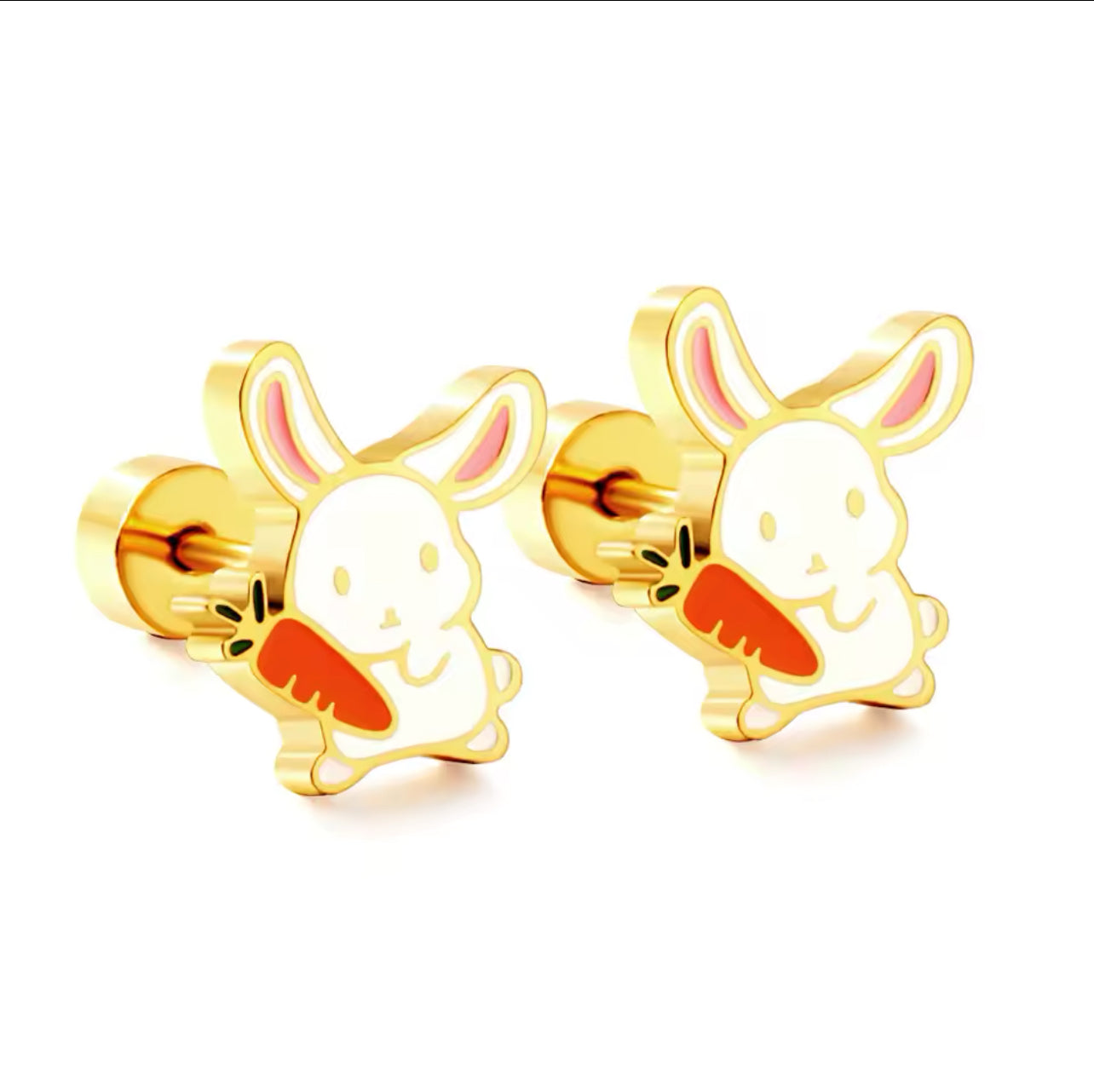 Children's Earrings:  Surgical Steel Gold IP Bunny Rabbits with Screw Backs