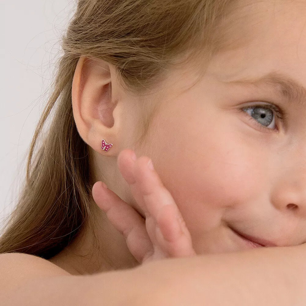 Baby and Children's Earrings:  Sterling Silver Dark Pink Butterflies with White Spots, and Screw Backs