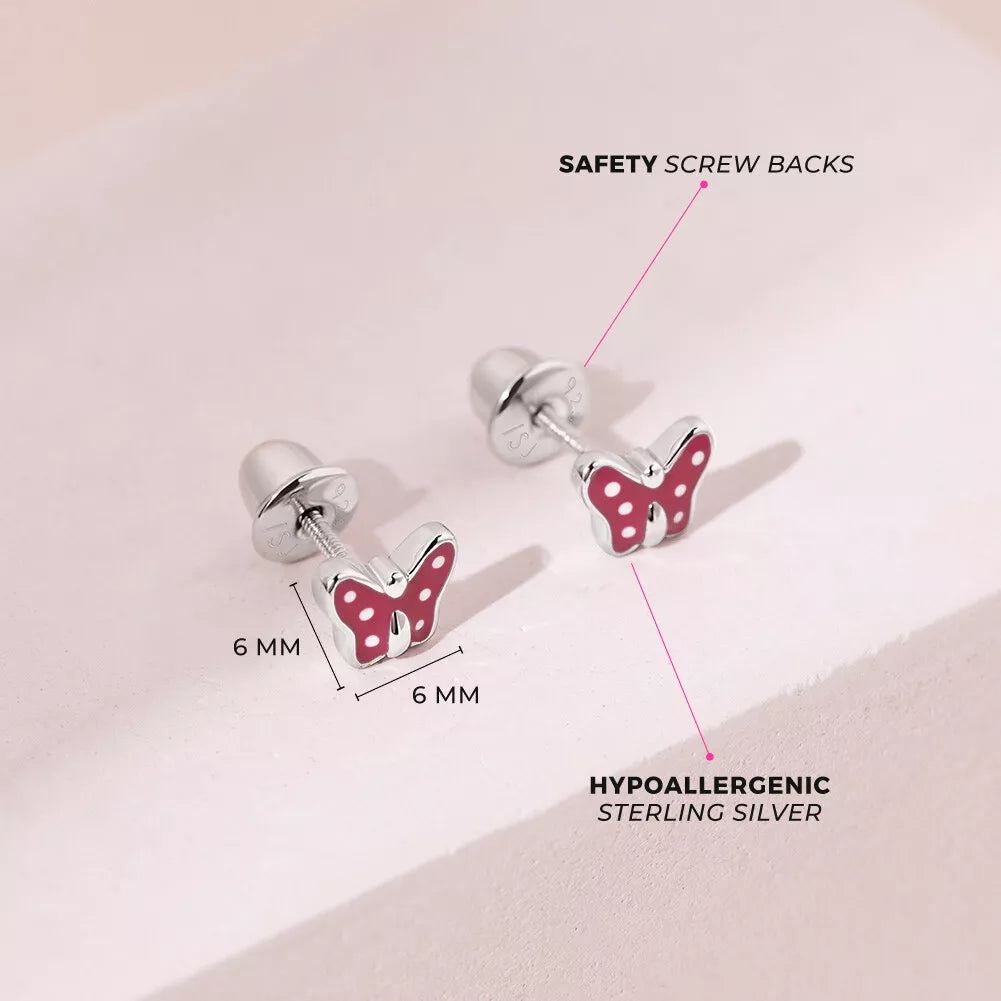 Baby and Children's Earrings:  Sterling Silver Dark Pink Butterflies with White Spots, and Screw Backs