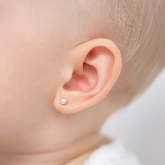 Baby Earrings:  Sterling Silver 3mm White Pearl Earrings with Screw Backs