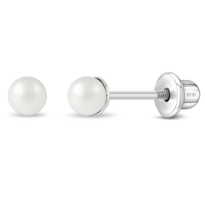 Baby Earrings:  Sterling Silver 3mm White Pearl Earrings with Screw Backs