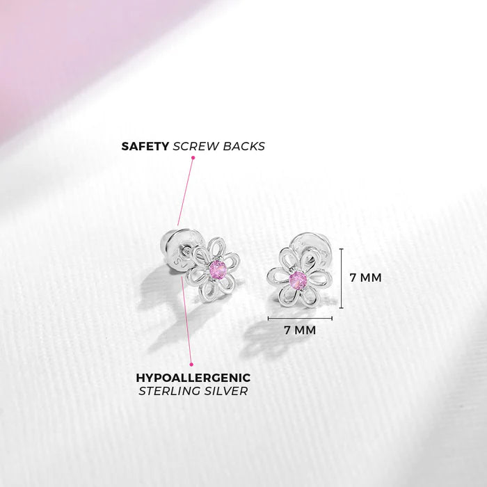 Baby and Children's Earrings:  Sterling Silver Open Flowers with Pink Centres and Screw Backs