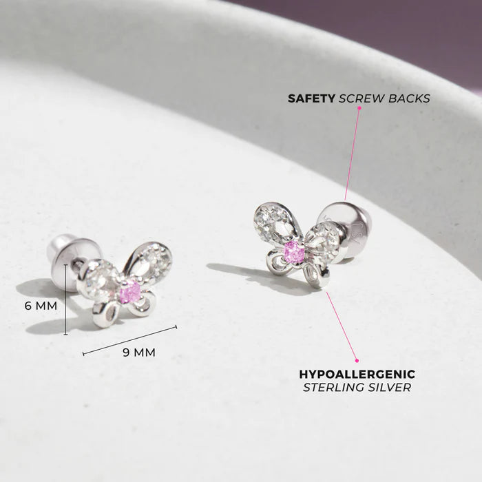 Children's Earrings:  Sterling Silver Jewelled Butterflies with Screw Backs and Gift Box