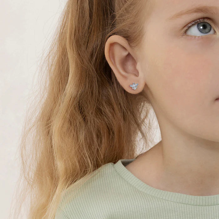 Children's Earrings:  Sterling Silver Bejewelled Bees with Screw Backs and Gift Box