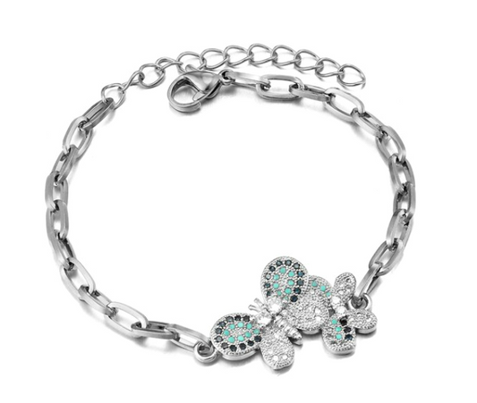 Children's, Teens' Bracelets:  Surgical Steel with CZ Butterflies Paperclip Bracelets 16.5cm +3cm Extension