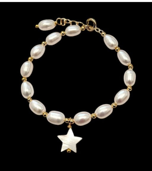 Children's Bracelets:  14k Gold Plated Natural Freshwater Pearl Little Star Bracelets Ages 2 - 7