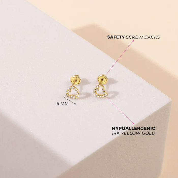 Baby and Children's Earrings:  14k Gold, Clear CZ Open Heart Screw Backs with Gift Box