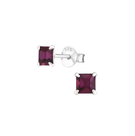 Children's Earrings - Sterling Silver Four Prong, 4mm Princess Cut, Amethyst CZ Studs