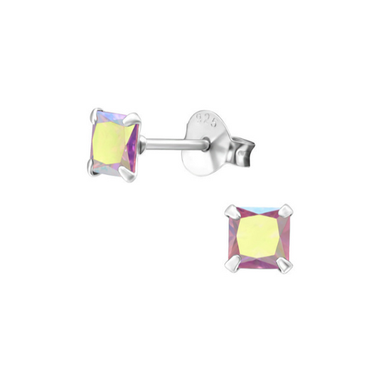 Children's Earrings:  Sterling Silver Four Prong, 4mm Princess Cut, Aurora Borealis CZ Studs