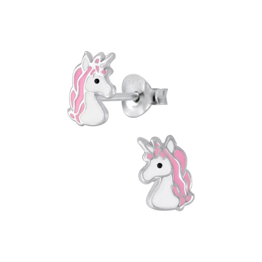 Children's Earrings:  Sterling Silver Pink and White Unicorn Head Earrings